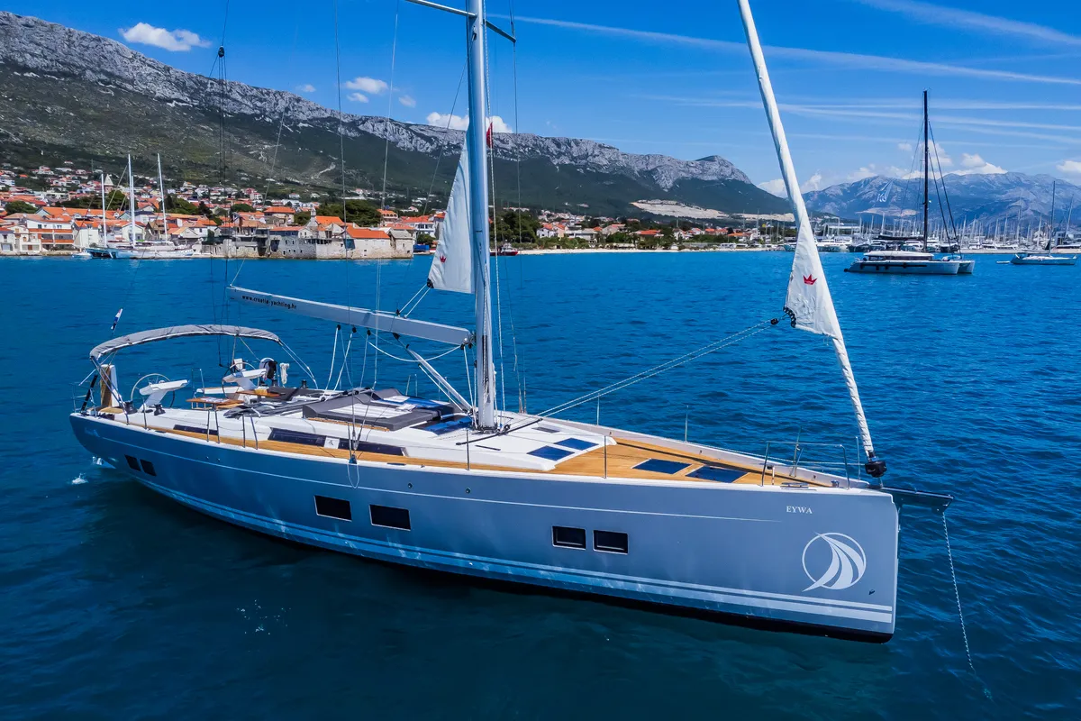 Exterior view of Eywa, a Hanse 588 sailboat at Grad Kaštela, Croatia