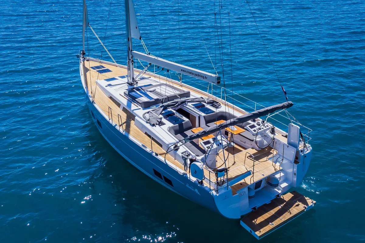 Exterior view of Eywa, a Hanse 588 sailboat at Grad Kaštela, Croatia