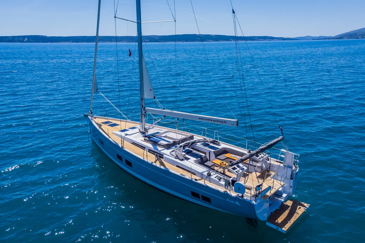 Exterior view of Eywa, a Hanse 588 sailboat at Grad Kaštela, Croatia