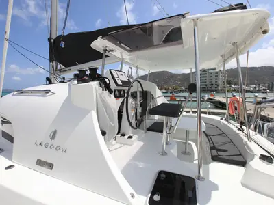 Cockpit of Saint Blue, a Lagoon 380 catamaran at Road Town, British Virgin Islands