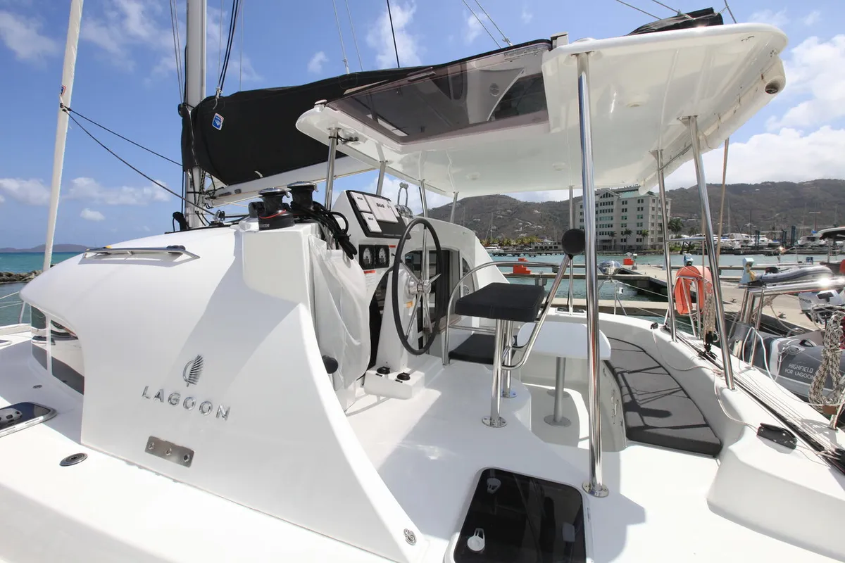 Cockpit of Saint Blue, a Lagoon 380 catamaran at Road Town, British Virgin Islands