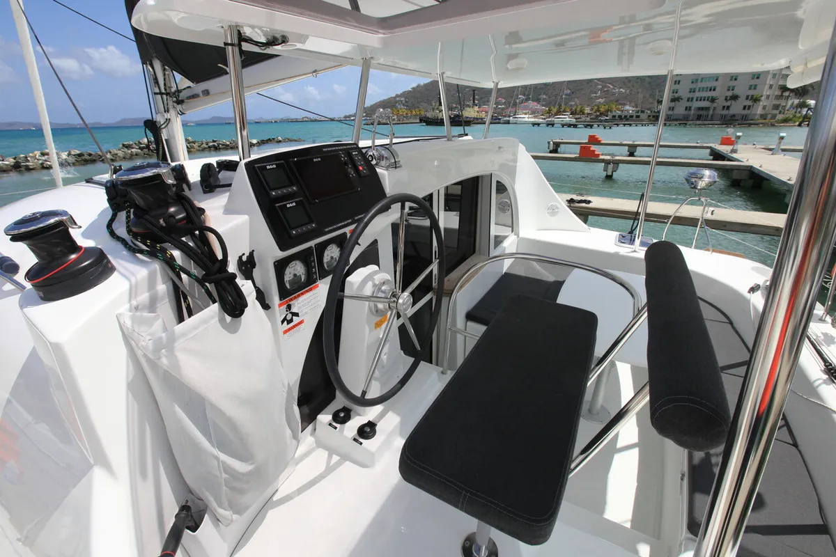 Cockpit of Saint Blue, a Lagoon 380 catamaran at Road Town, British Virgin Islands