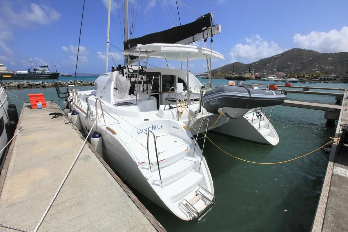 Exterior view of Saint Blue, a Lagoon 380 catamaran at Road Town, British Virgin Islands