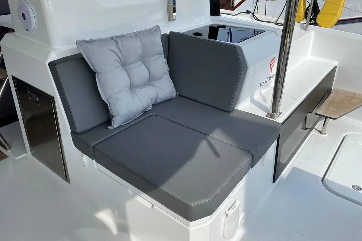 Deck of Ooga Chaka, a Fountaine Pajot Astréa 42 catamaran at Sithonia Municipal Unit, Greece