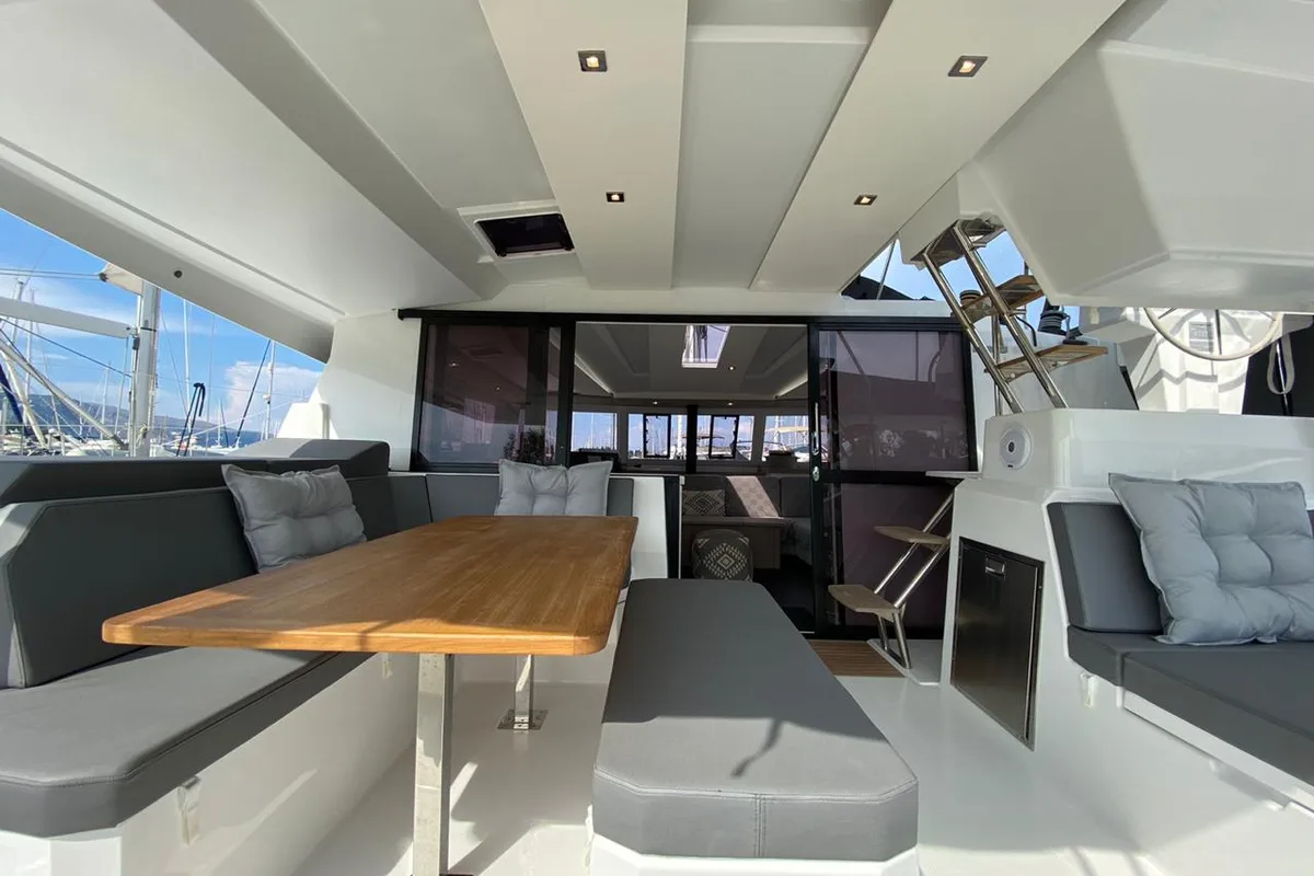Deck of Ooga Chaka, a Fountaine Pajot Astréa 42 catamaran at Sithonia Municipal Unit, Greece