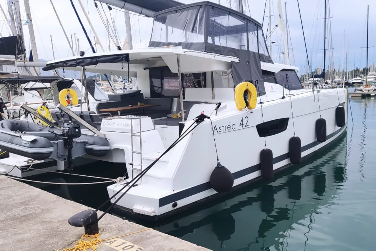 Exterior view of Ooga Chaka, a Fountaine Pajot Astréa 42 catamaran at Sithonia Municipal Unit, Greece