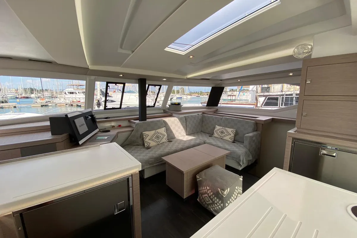Salon of Ooga Chaka, a Fountaine Pajot Astréa 42 catamaran at Sithonia Municipal Unit, Greece