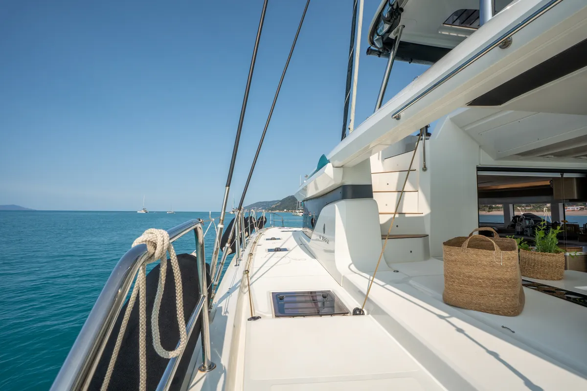 Deck of Vega, a Lagoon 55 catamaran at Capo d'Orlando, Italy