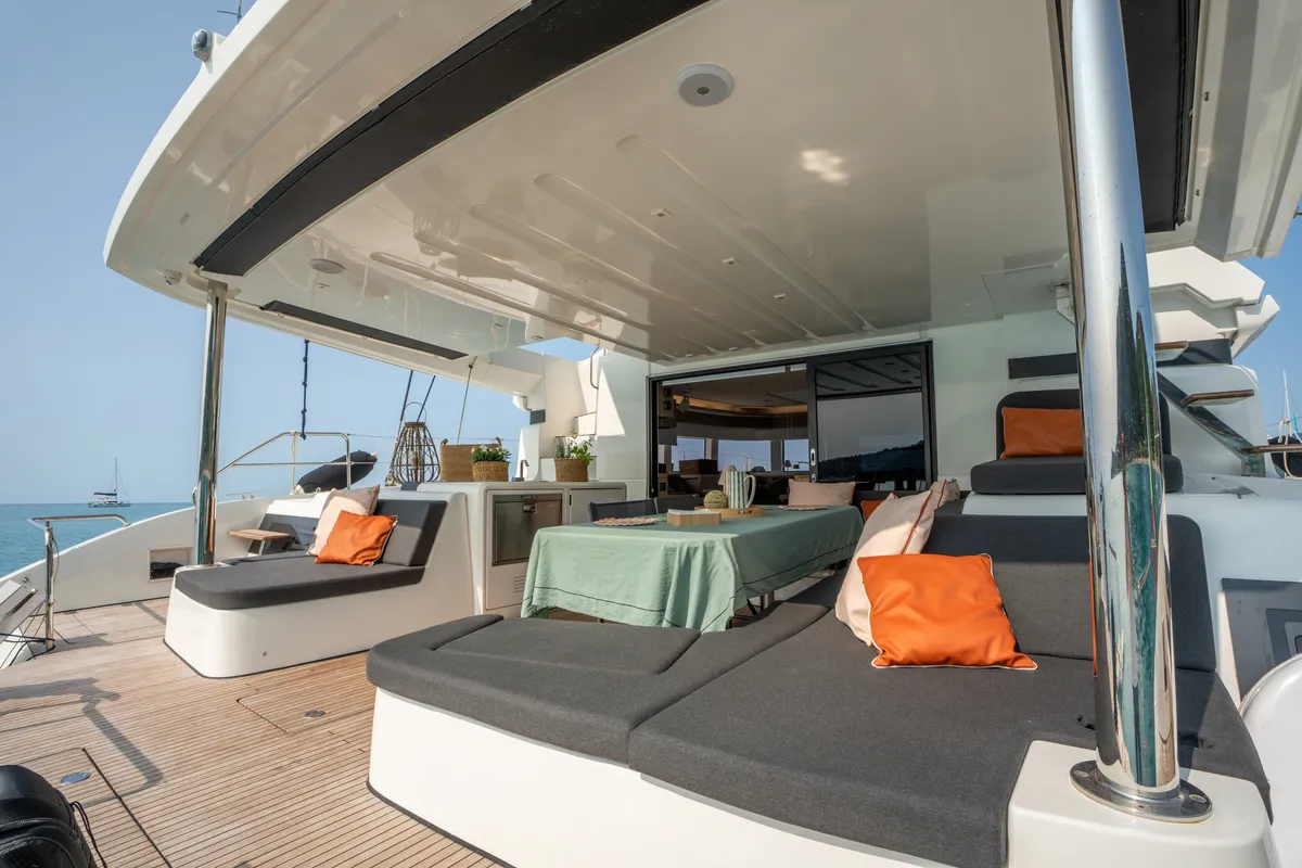 Deck of Vega, a Lagoon 55 catamaran at Capo d'Orlando, Italy
