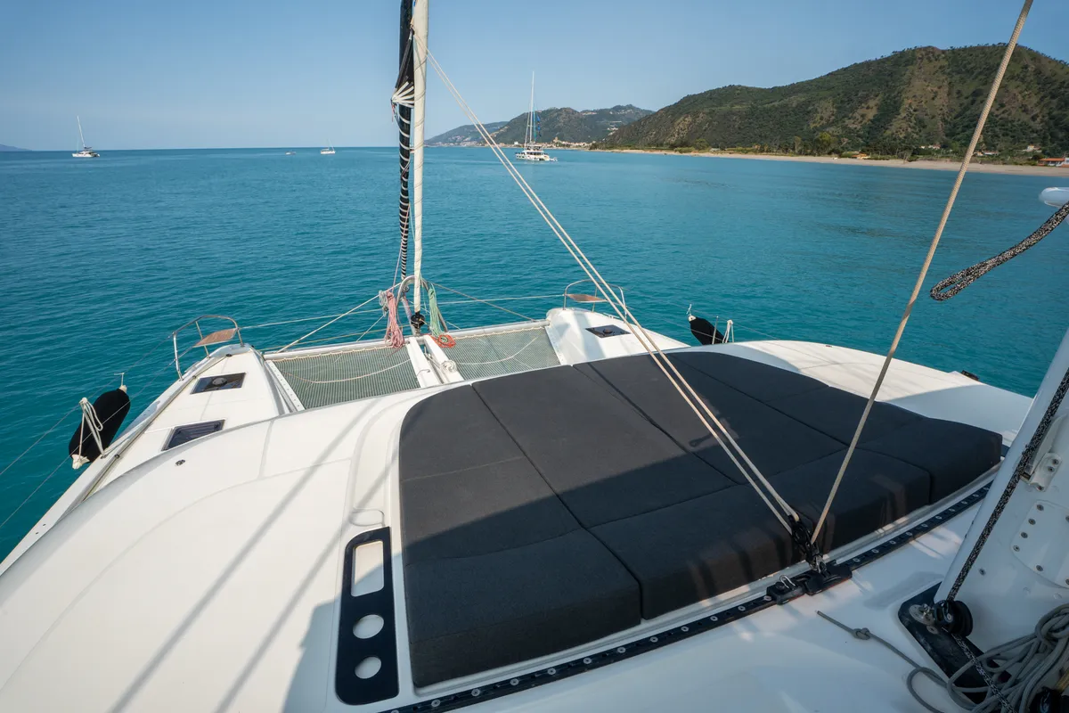 Deck of Vega, a Lagoon 55 catamaran at Capo d'Orlando, Italy