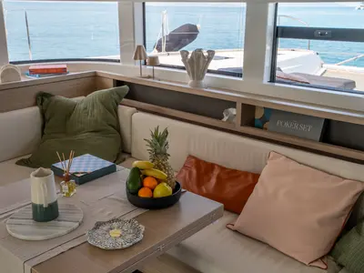 Salon of Vega, a Lagoon 55 catamaran at Capo d'Orlando, Italy