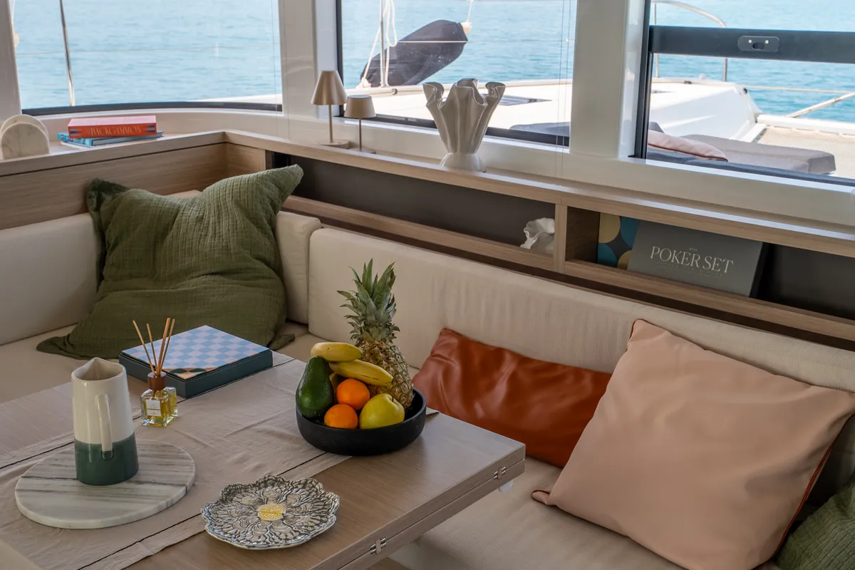Salon of Vega, a Lagoon 55 catamaran at Capo d'Orlando, Italy