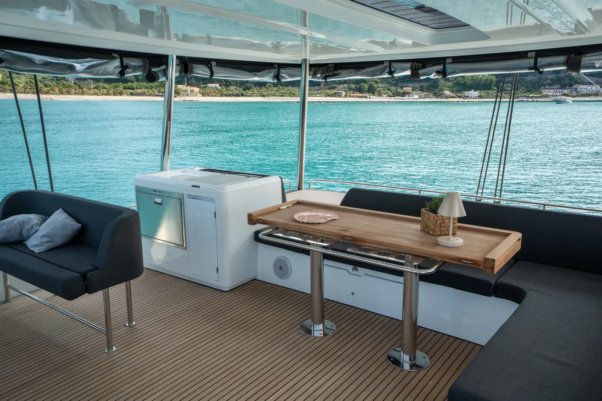 Deck of Vega, a Lagoon 55 catamaran at Capo d'Orlando, Italy