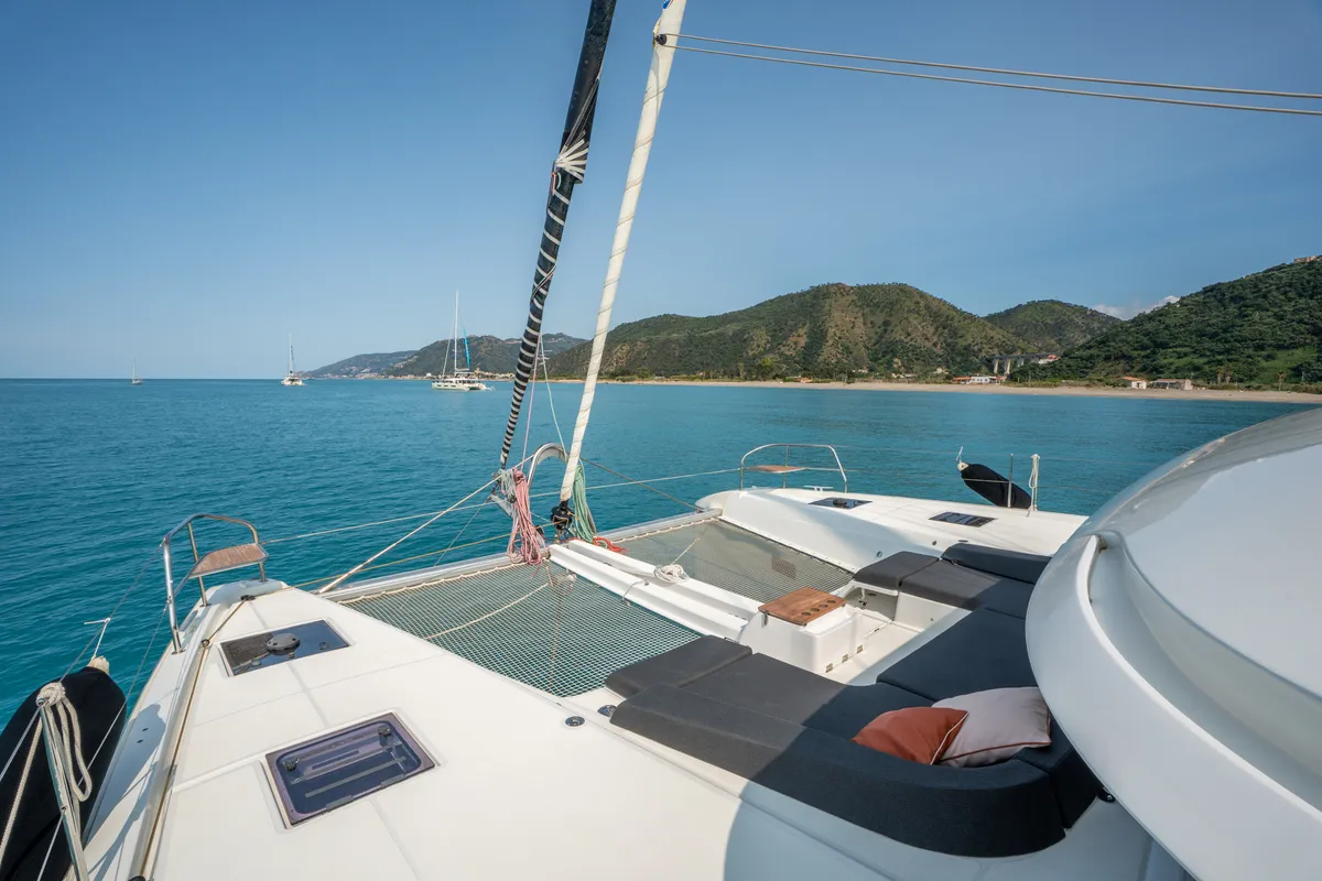 Deck of Vega, a Lagoon 55 catamaran at Capo d'Orlando, Italy