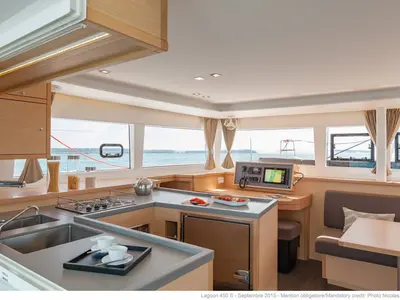 Galley of Remire, a Lagoon 450 S catamaran at Roche Caiman, Seychelles