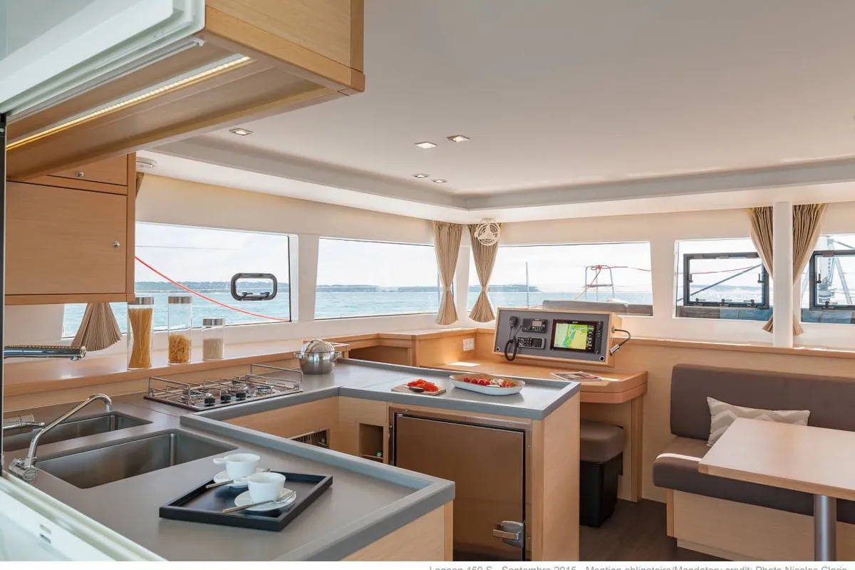 Galley of Remire, a Lagoon 450 S catamaran at Roche Caiman, Seychelles