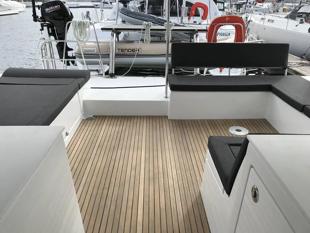 Deck of Remire, a Lagoon 450 S catamaran at Roche Caiman, Seychelles