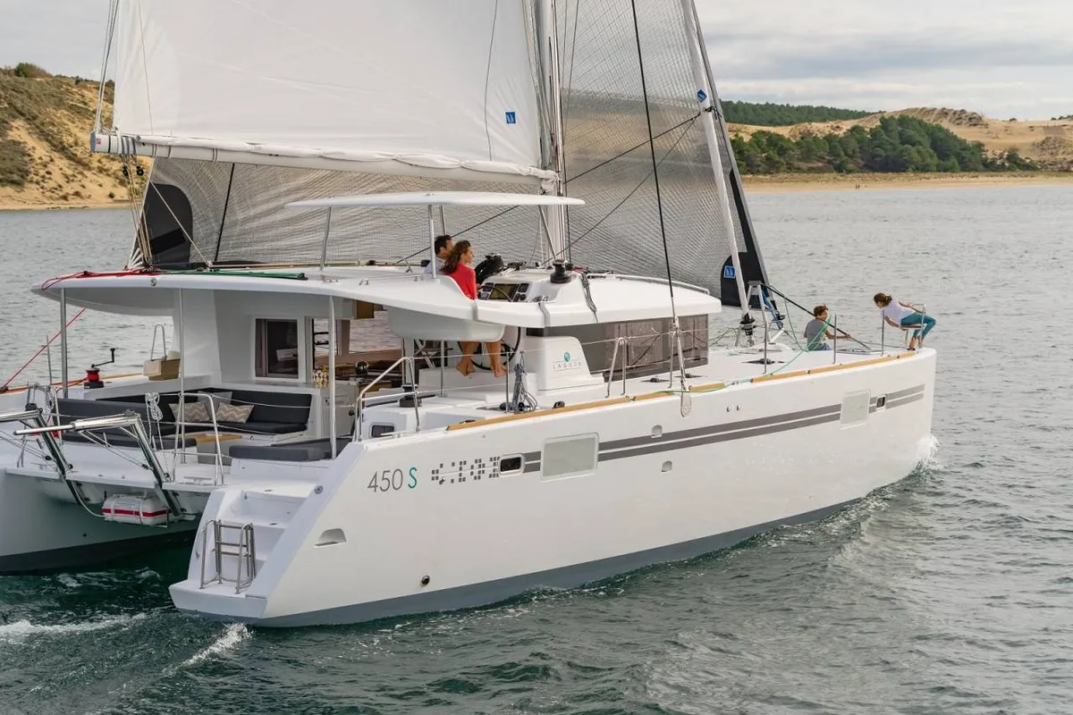 Exterior view of Remire, a Lagoon 450 S catamaran at Roche Caiman, Seychelles