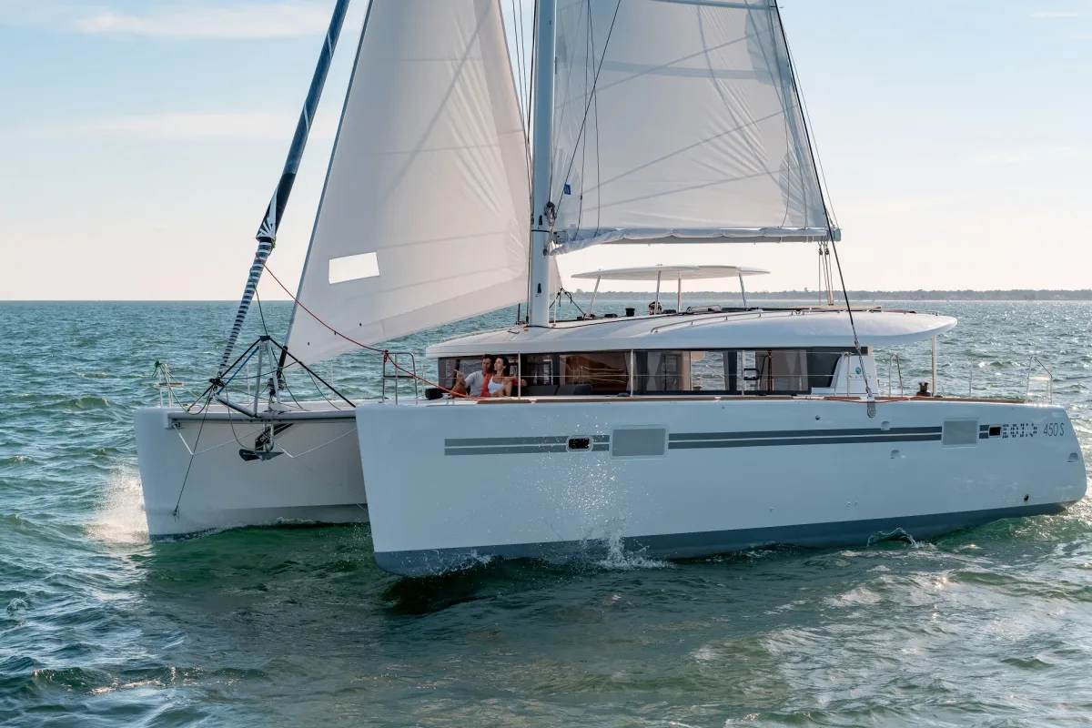 Exterior view of Remire, a Lagoon 450 S catamaran at Roche Caiman, Seychelles