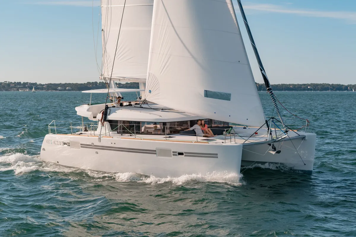 Exterior view of Remire, a Lagoon 450 S catamaran at Roche Caiman, Seychelles