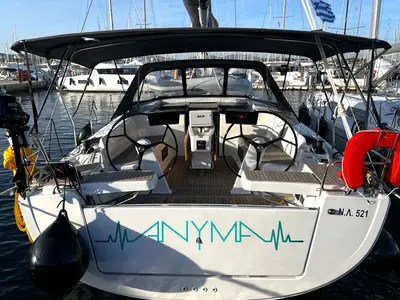 Cockpit of Anyma, a Hanse 418 sailboat at Thessaloniki, Greece