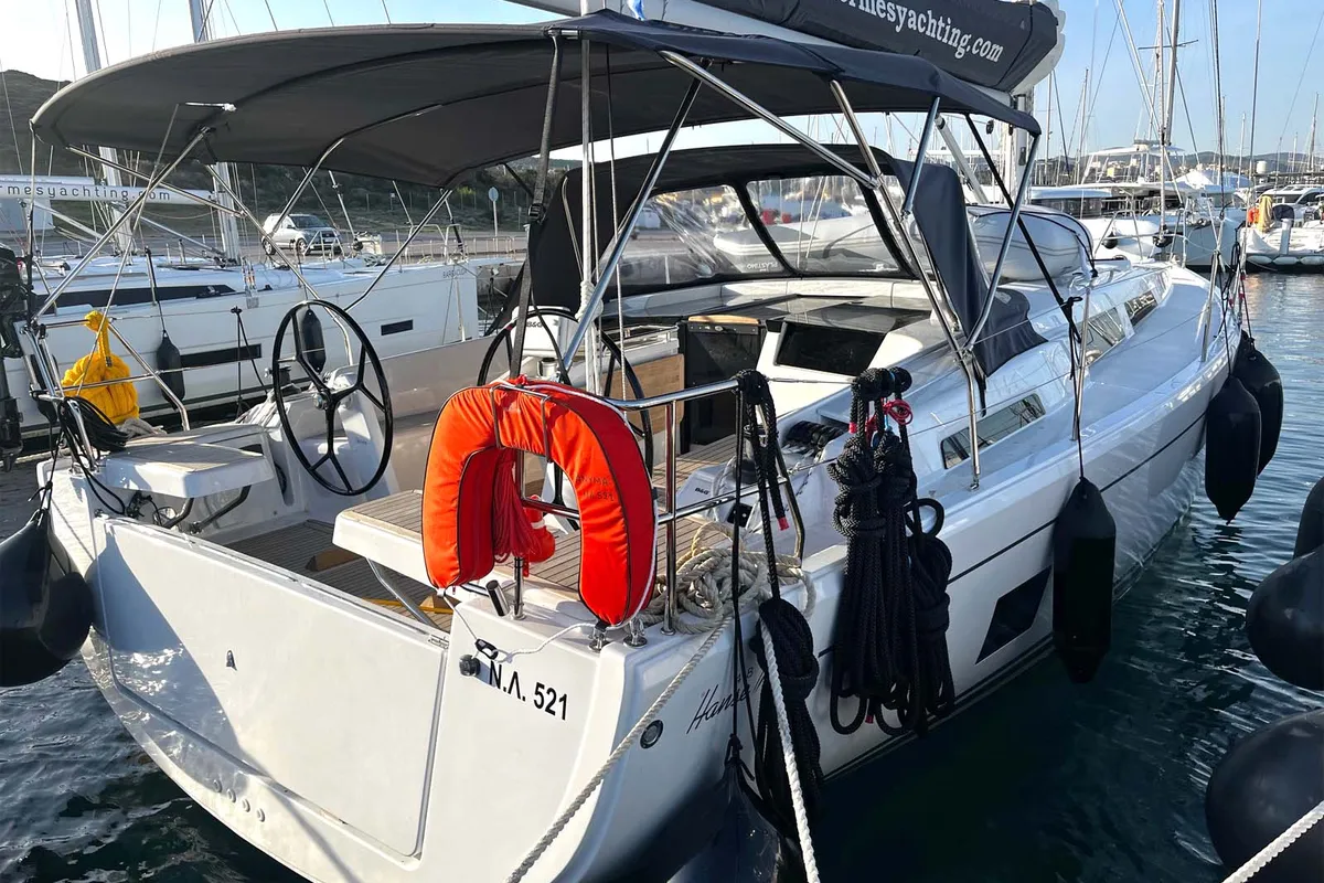 Exterior view of Anyma, a Hanse 418 sailboat at Thessaloniki, Greece
