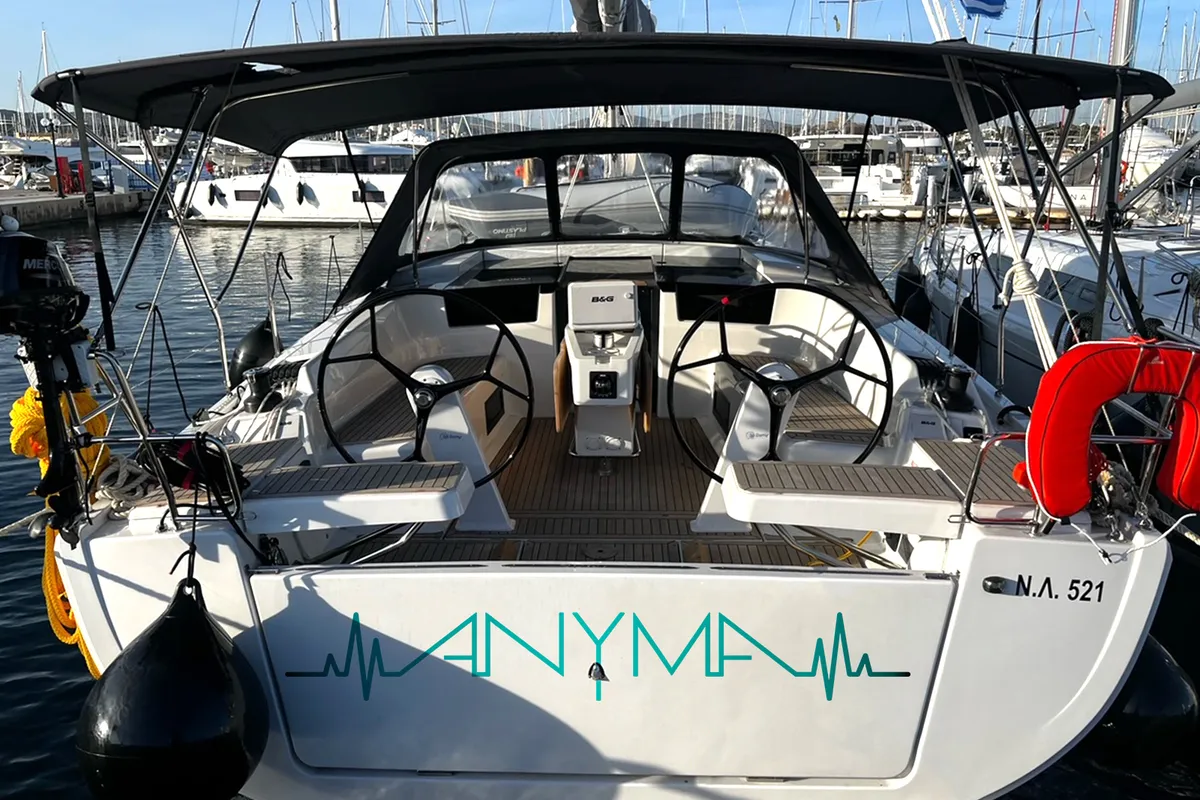 Cockpit of Anyma, a Hanse 418 sailboat at Thessaloniki, Greece