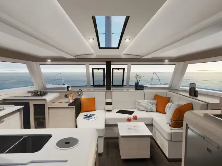 Salon of La Dolce Vita, a Fountaine Pajot Isla 40 catamaran at Marmaris, Turkey