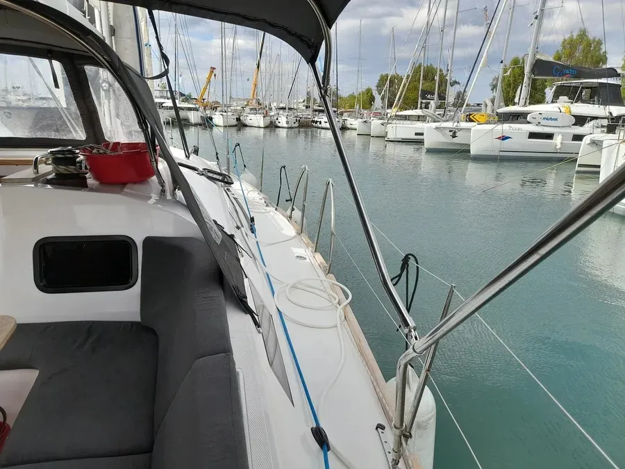 Deck of Marialen, a Elan Impression 45.1 sailboat at Athens, Greece