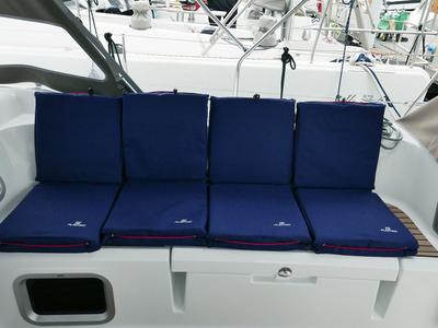 Deck of Impavida, a Jeanneau Sun Odyssey 519 sailboat at San Vincenzo, Italy