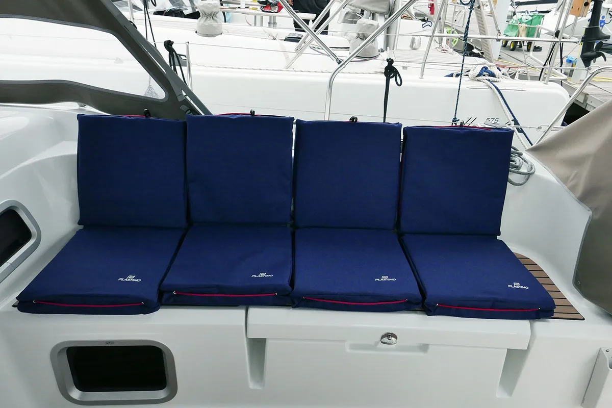 Deck of Impavida, a Jeanneau Sun Odyssey 519 sailboat at San Vincenzo, Italy