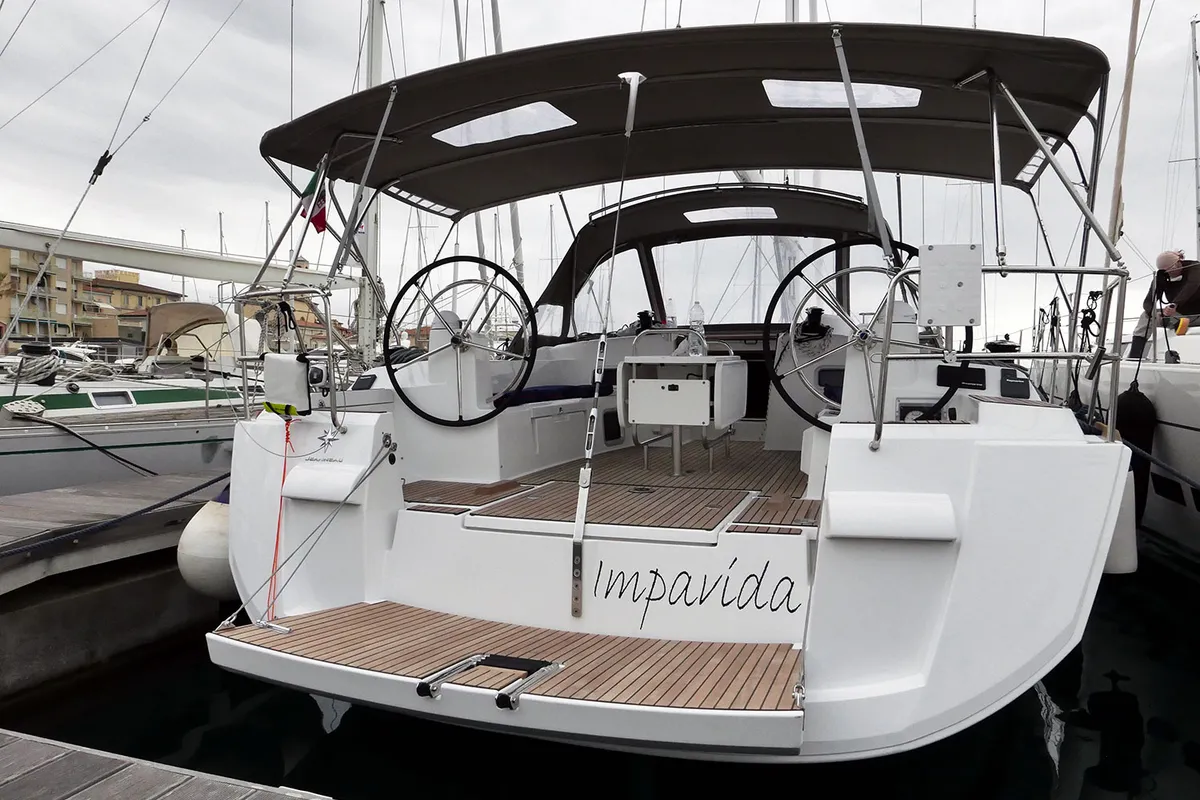 Exterior view of Impavida, a Jeanneau Sun Odyssey 519 sailboat at San Vincenzo, Italy