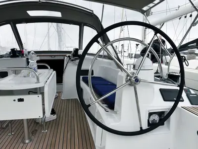 Cockpit of Impavida, a Jeanneau Sun Odyssey 519 sailboat at San Vincenzo, Italy