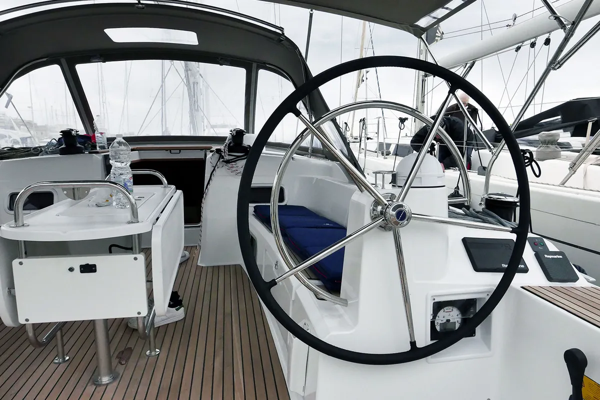 Cockpit of Impavida, a Jeanneau Sun Odyssey 519 sailboat at San Vincenzo, Italy