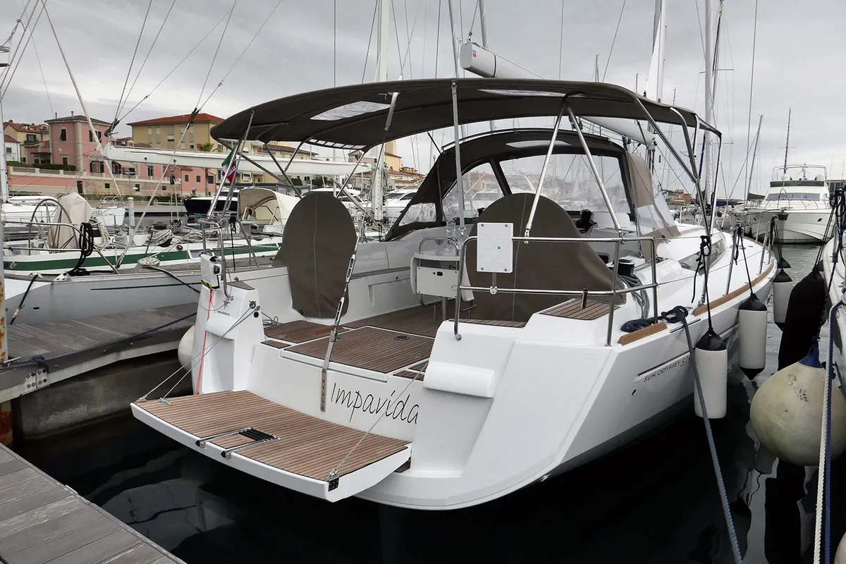 Exterior view of Impavida, a Jeanneau Sun Odyssey 519 sailboat at San Vincenzo, Italy