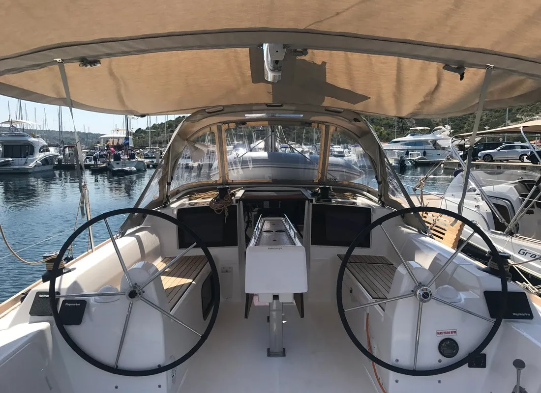 Cockpit of Mio, a Dufour 310 GL sailboat at Primošten, Croatia