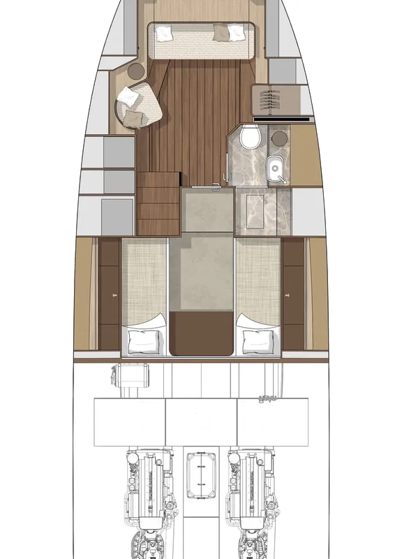 Floor plan of NN3, a Cranchi A46 motor yacht at Olbia, Italy
