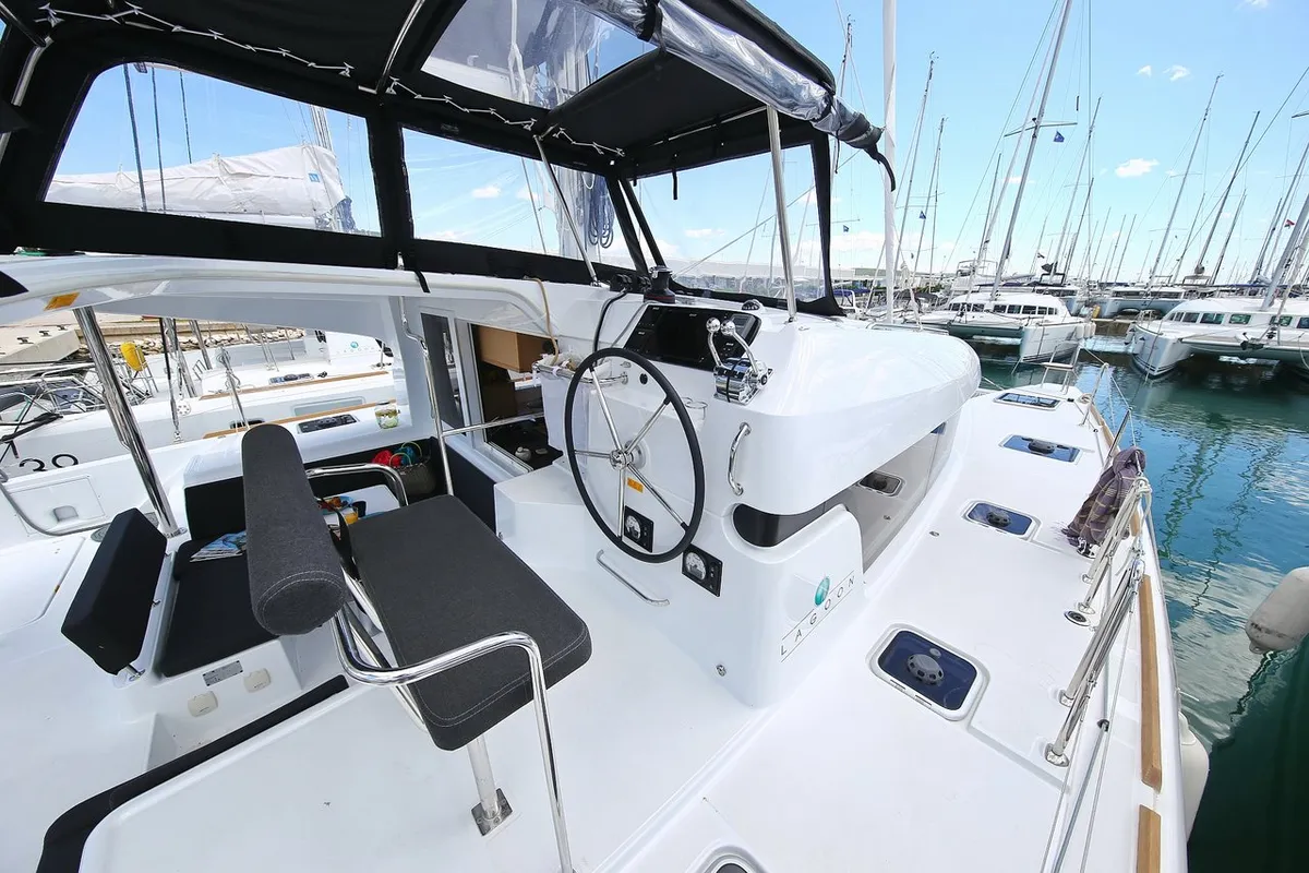 Cockpit of Vertigo, a Lagoon 39 catamaran at Punat, Croatia
