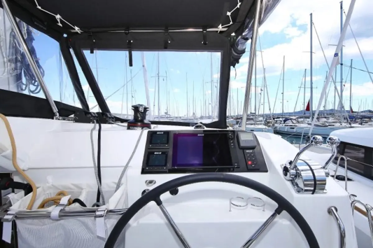 Cockpit of Vertigo, a Lagoon 39 catamaran at Punat, Croatia