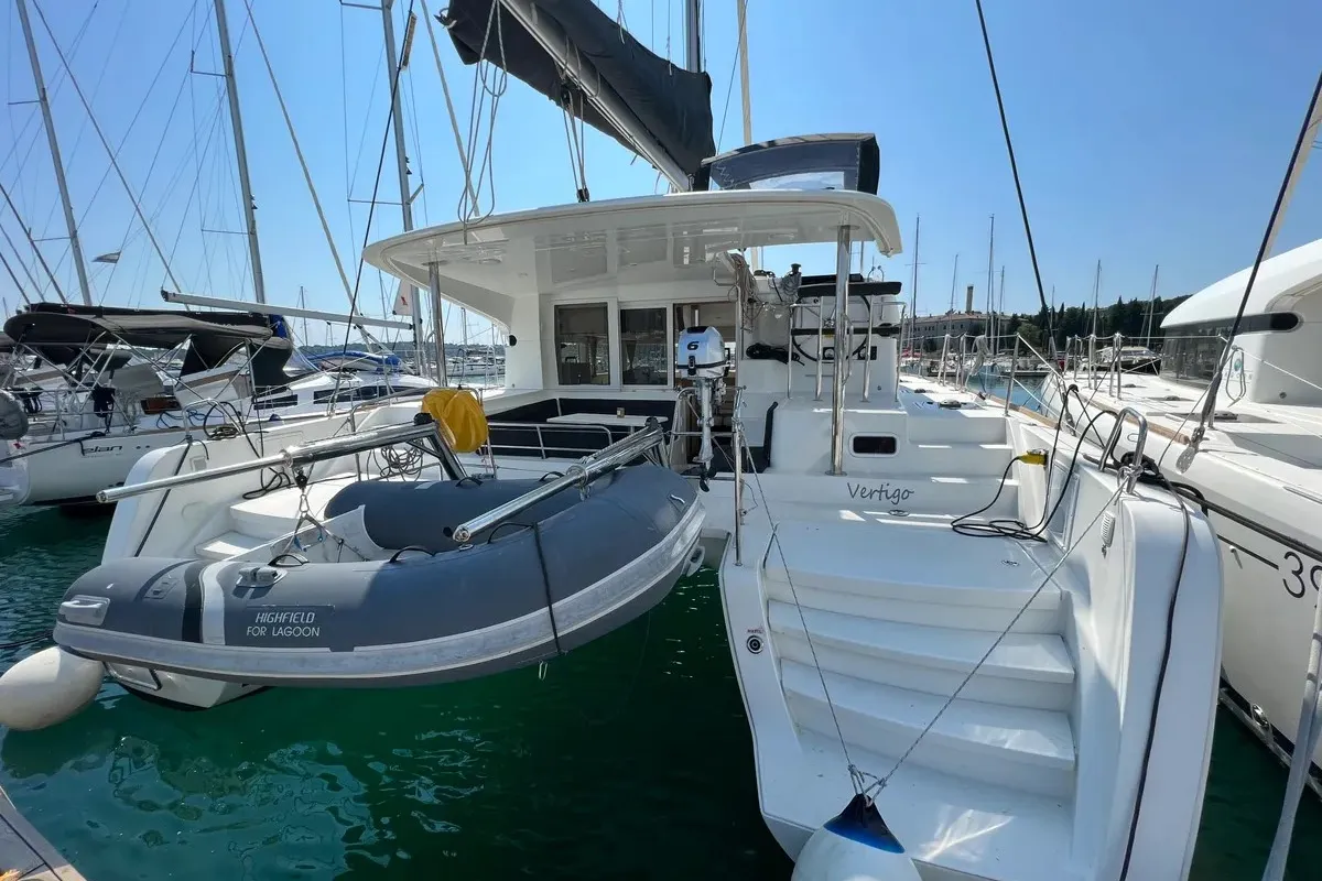 Exterior view of Vertigo, a Lagoon 39 catamaran at Punat, Croatia