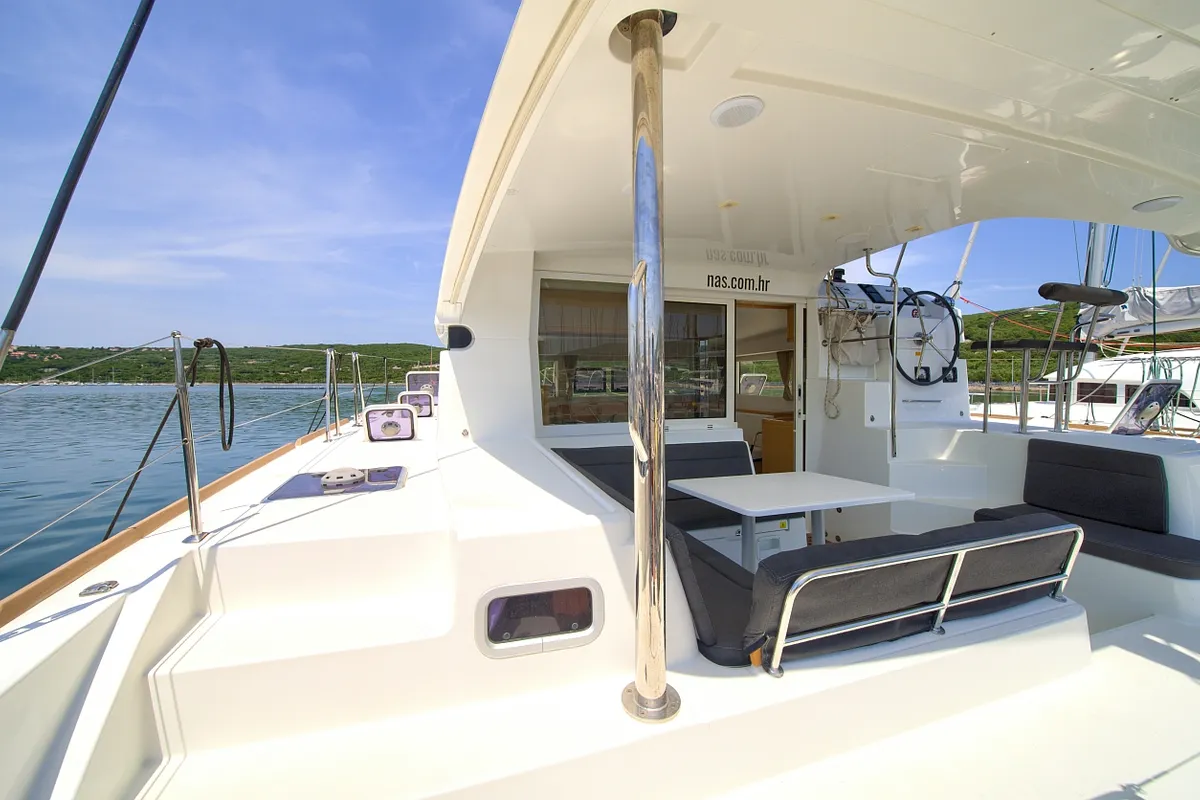 Deck of Vertigo, a Lagoon 39 catamaran at Punat, Croatia