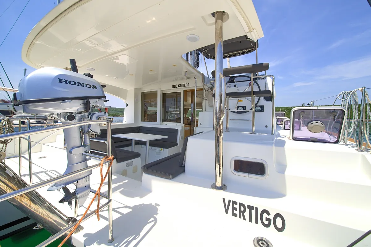 Deck of Vertigo, a Lagoon 39 catamaran at Punat, Croatia