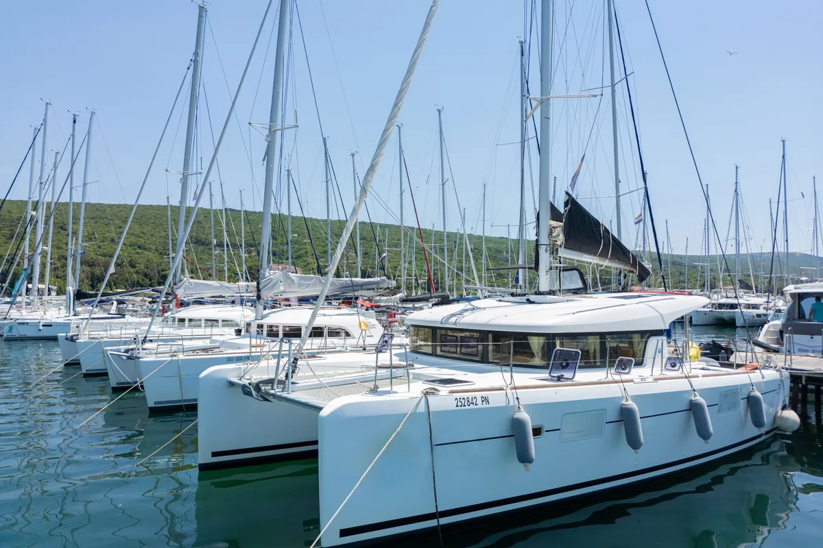 Exterior view of Vertigo, a Lagoon 39 catamaran at Punat, Croatia