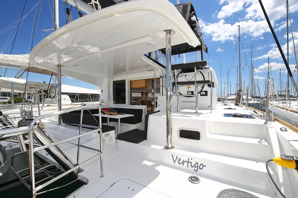Deck of Vertigo, a Lagoon 39 catamaran at Punat, Croatia