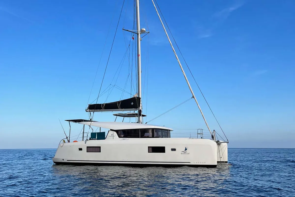 Exterior view of Ocean Light, a Lagoon 42 catamaran at Figari/Golfo Aranci, Italy