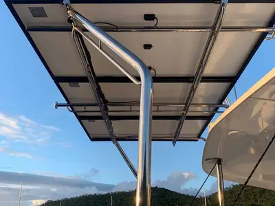 Deck of Ocean Light, a Lagoon 42 catamaran at Figari/Golfo Aranci, Italy