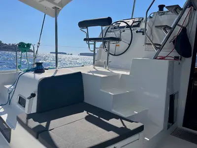 Cockpit of Ocean Light, a Lagoon 42 catamaran at Figari/Golfo Aranci, Italy
