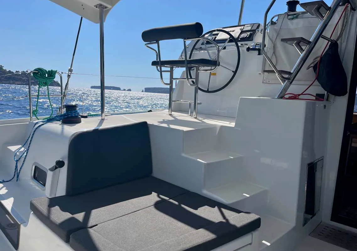 Cockpit of Ocean Light, a Lagoon 42 catamaran at Figari/Golfo Aranci, Italy