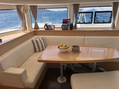 Salon of Ocean Light, a Lagoon 42 catamaran at Figari/Golfo Aranci, Italy