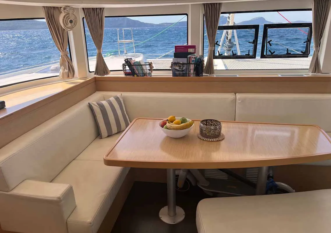 Salon of Ocean Light, a Lagoon 42 catamaran at Figari/Golfo Aranci, Italy